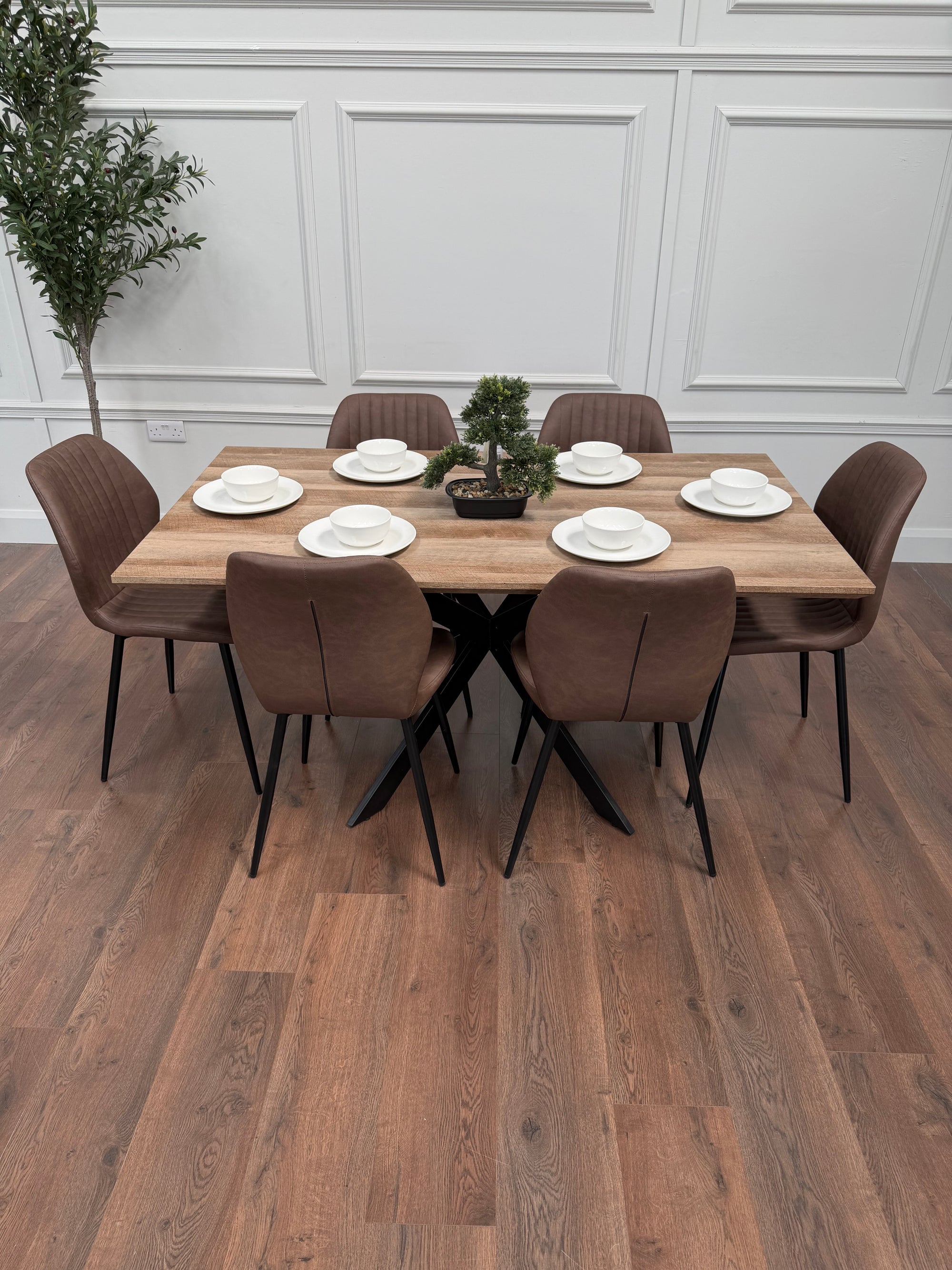 Epsom Rustic Oak  1.6m + 6 Lyra Chairs Brown  PU