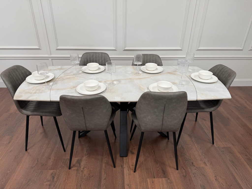 Positano Extending Sintered Stone Dining Set + 6 Lyra Grey PU Chairs