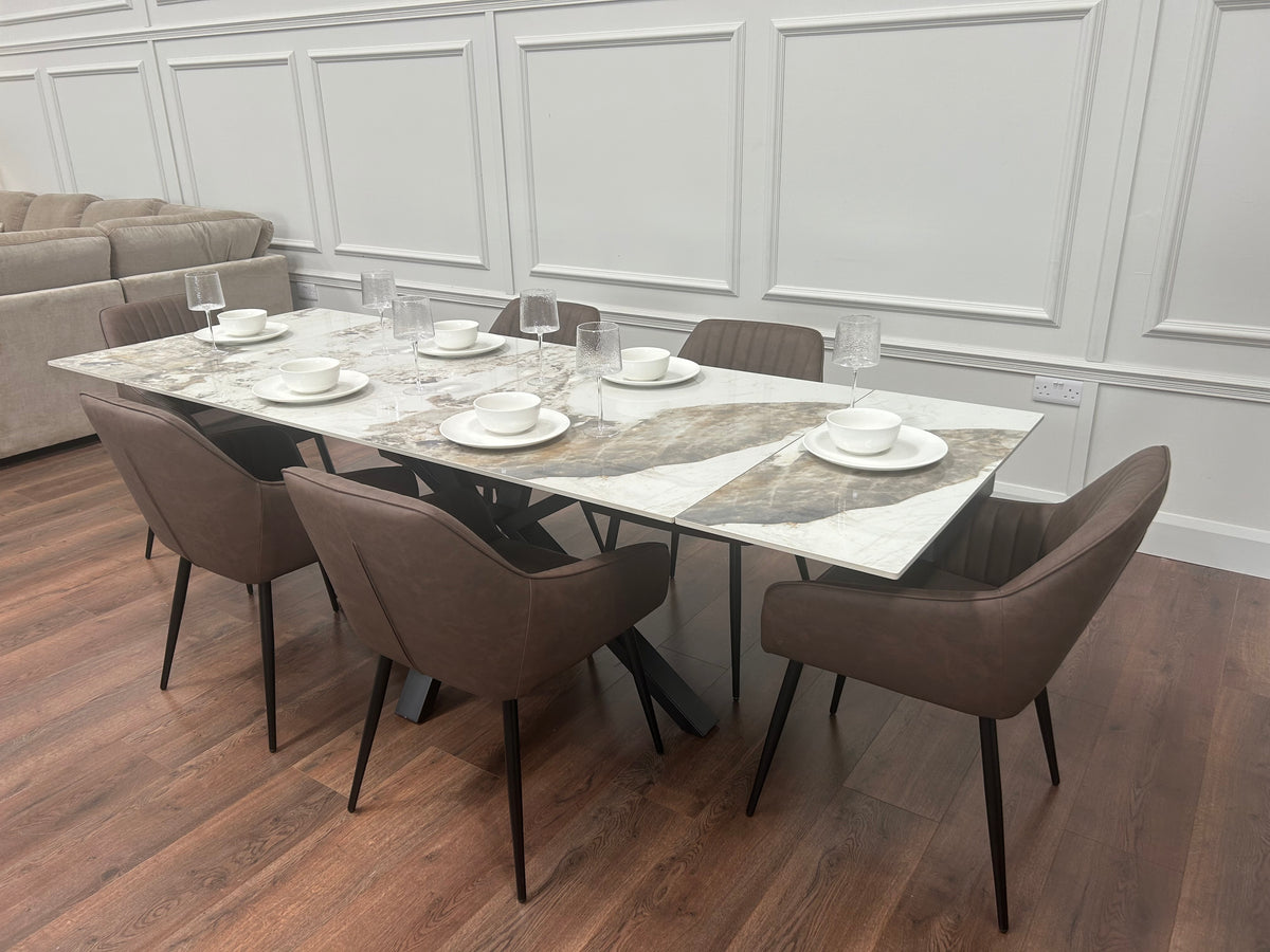Sorrento Extending Sintered Stone Dining Set + 6 EZ Brown Chairs