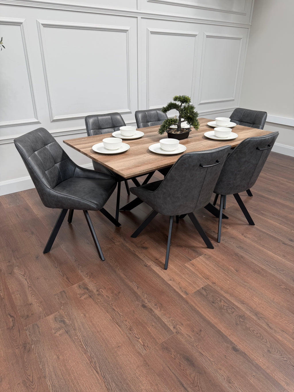 Epsom 1.6m Rustic Oak + 6 Pedro Charcoal Grey PU Chairs