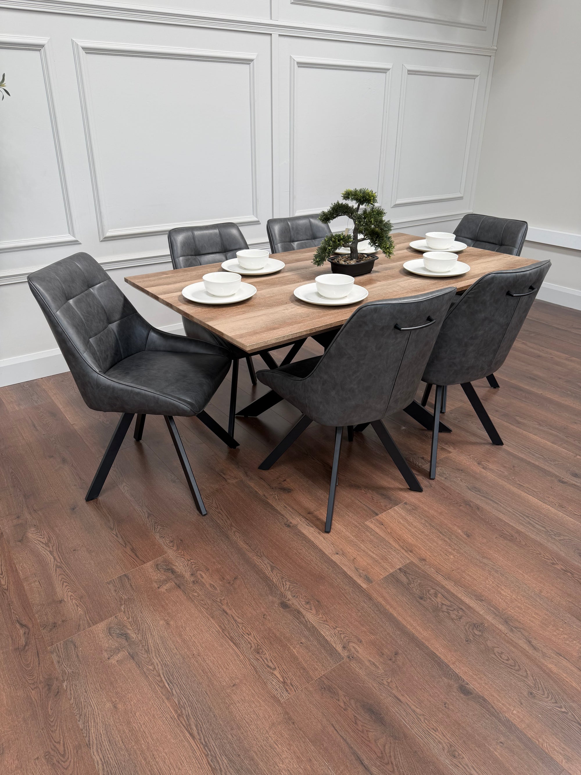 Epsom 1.6m Rustic Oak + 6 Pedro Charcoal Grey PU Chairs