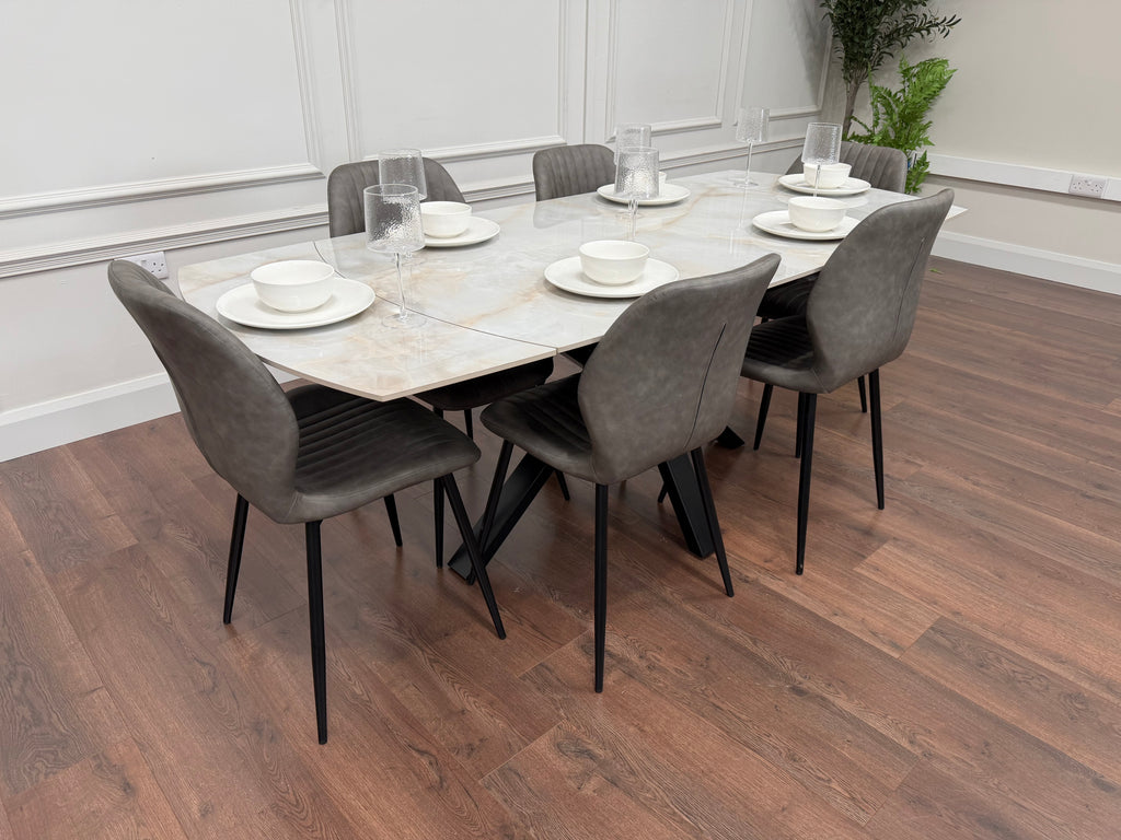 Positano Extending Sintered Stone Dining Set + 6 Lyra Grey PU Chairs