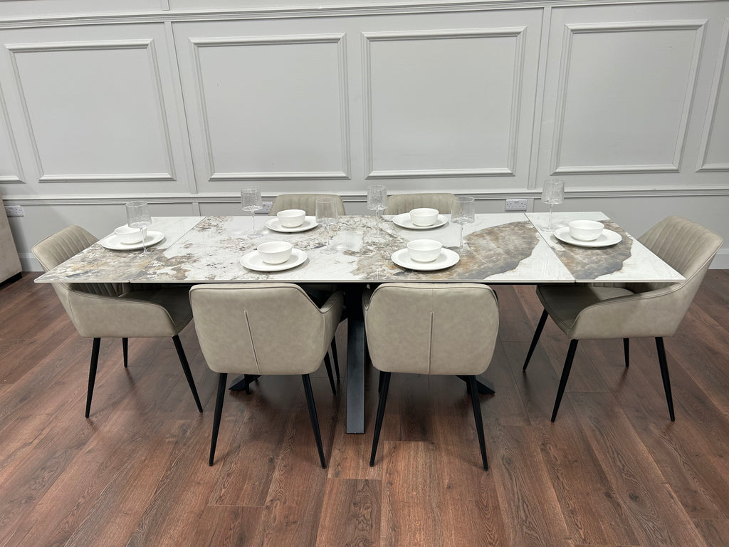 Sorrento Extending Sintered Stone Dining Set + 6 EZ Taupe Chairs