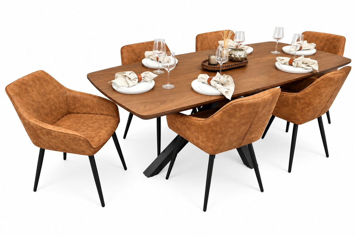 New York walnut extending dining table with 6 EZ tan suede chairs