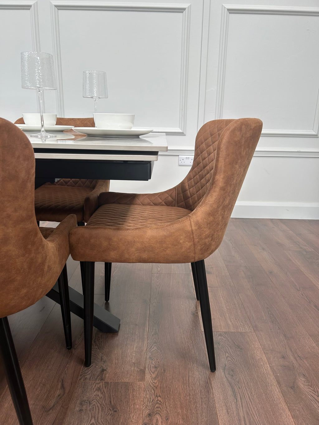 Sorrento Extending Sintered Stone Dining Set + 6 Diamond Tan Suede Chairs