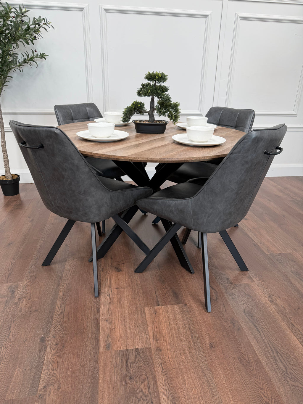 Epsom Rustic Oak 1.2m + 4 Pedro Charcoal PU Chairs