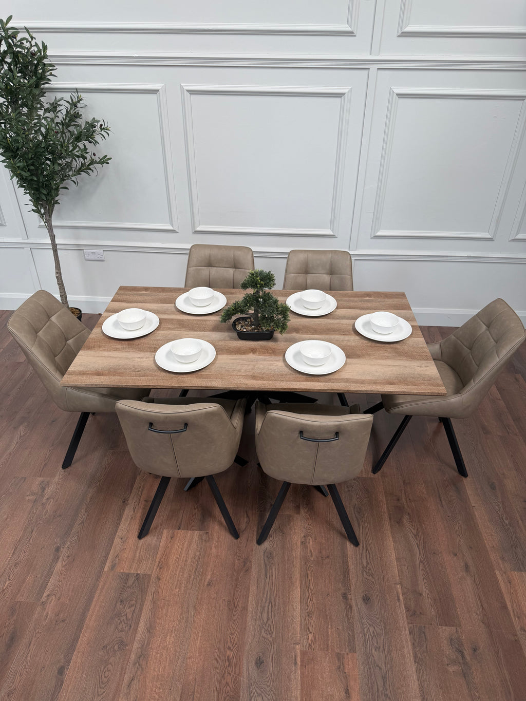 Epsom 1.6m Rustic Oak + 6 Pedro Dark Taupe PU Chairs