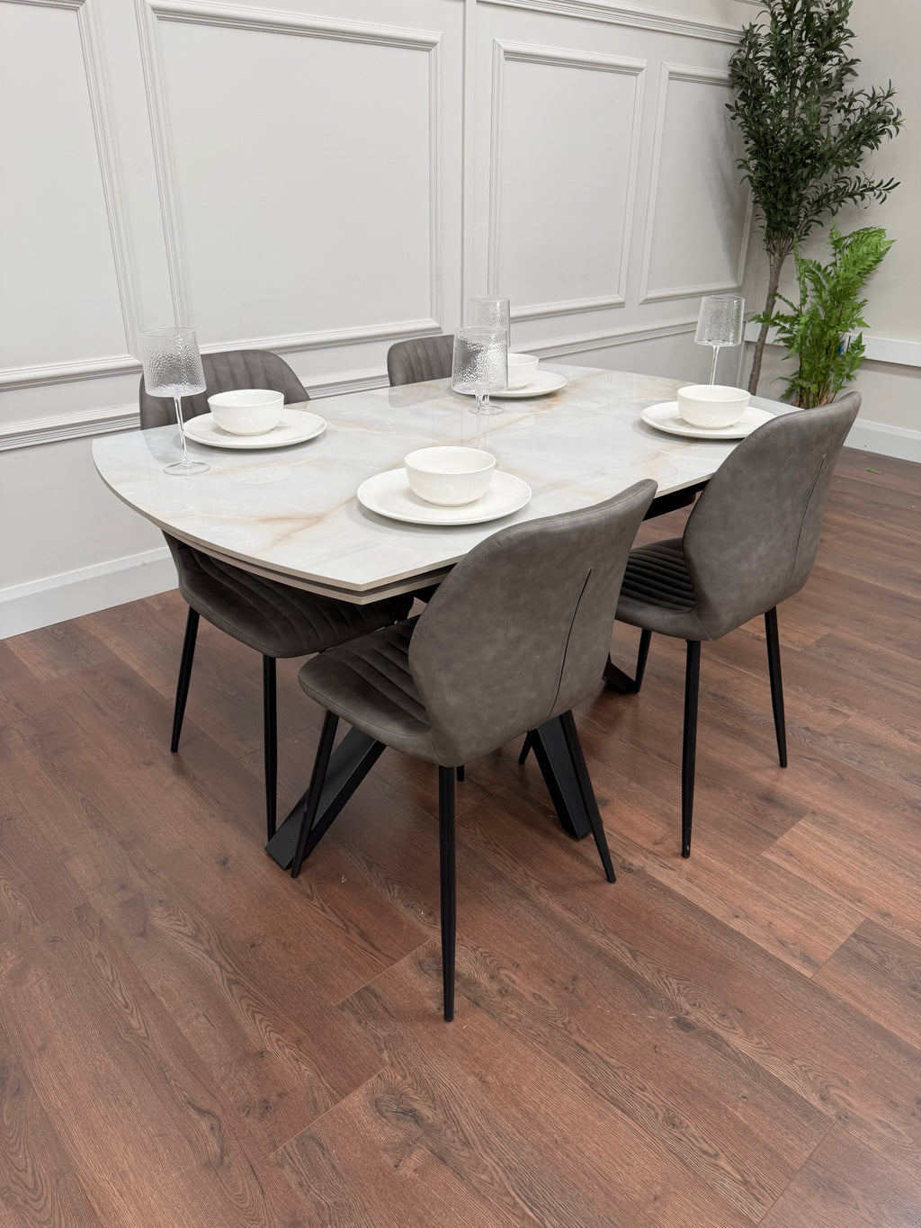 Positano Extending Sintered Stone Dining Set + 6 Lyra Grey PU Chairs