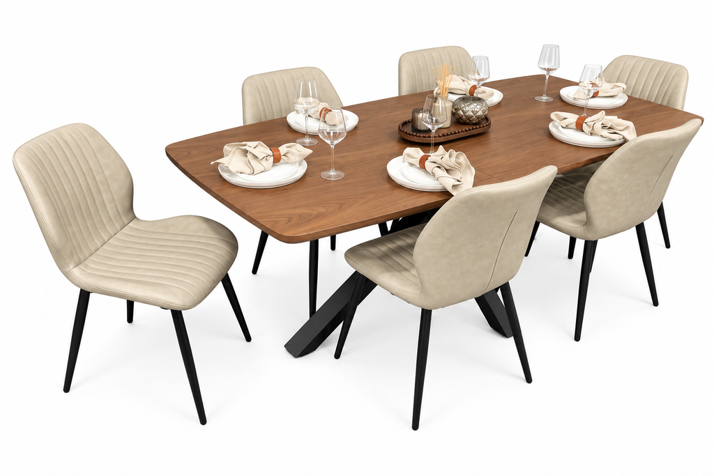 New York walnut extending dining table with 6 Lyra taupe PU chairs