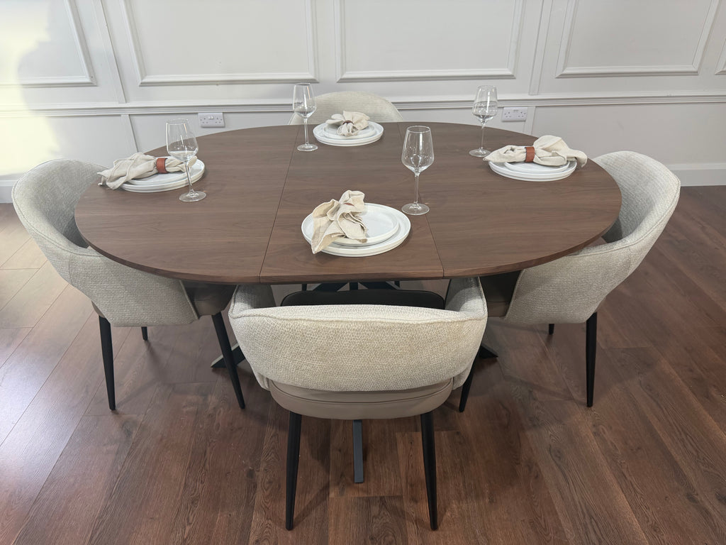 New York dark oak round extending dining table with 4 Maisie champagne beige and taupe chairs - photo 5