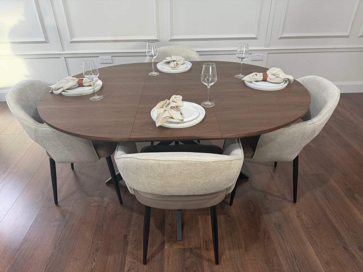 New York dark oak round extending dining table with 4 Maisie champagne beige and taupe chairs - photo 5