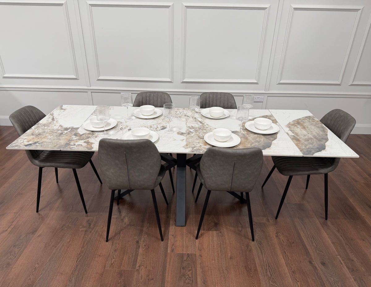 Sorrento Extending Sintered Stone Dining Set + 6 Lyra Grey Chairs
