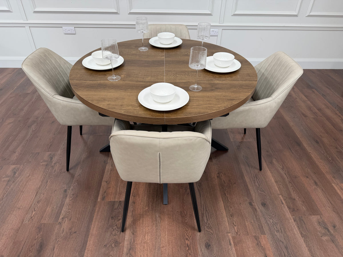 Pan 1.2m–1.6m Extending Dining Table with EZ Taupe PU Chairs