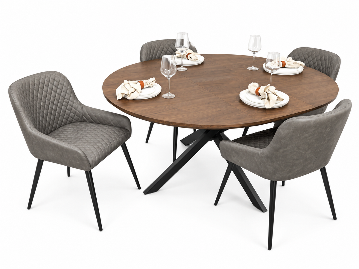 New York dark oak round extending dining table with 4 Diamond grey PU chairs