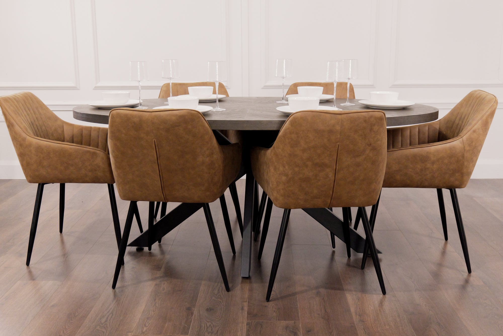 Samara 1.8m Oval Table + 6 EZ Tan Suede Chairs