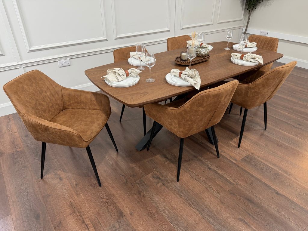 New York walnut extending dining table with 6 EZ tan suede chairs - photo 2