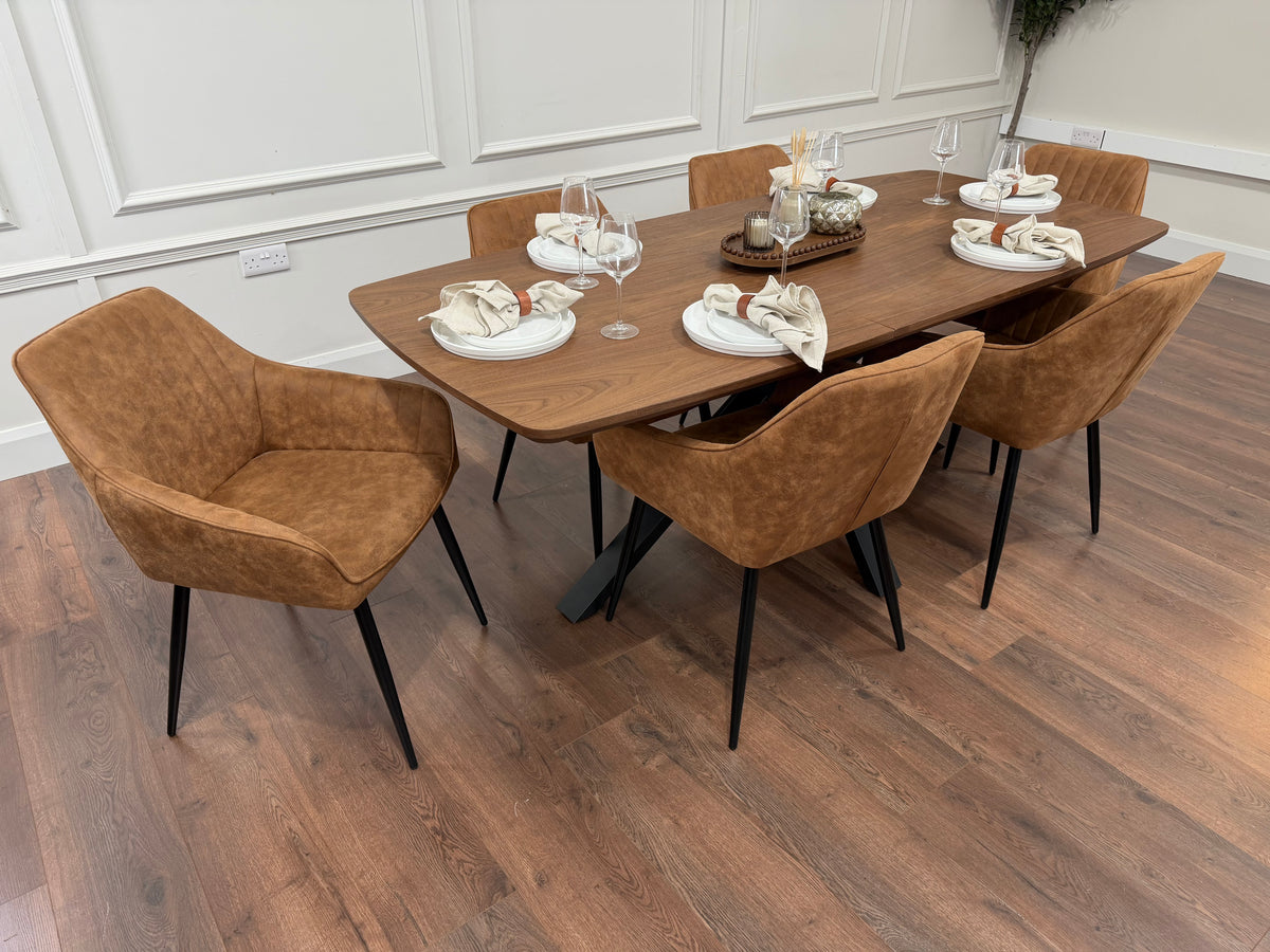 New York walnut extending dining table with 6 EZ tan suede chairs - photo 2