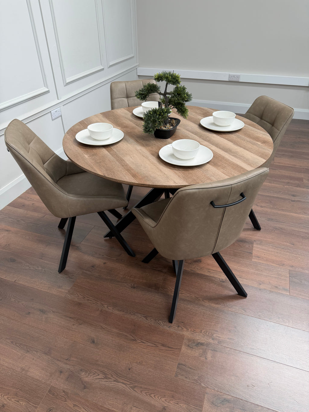 Epsom Rustic Oak 1.2m + 4 Pedro Dark Taupe PU Chairs
