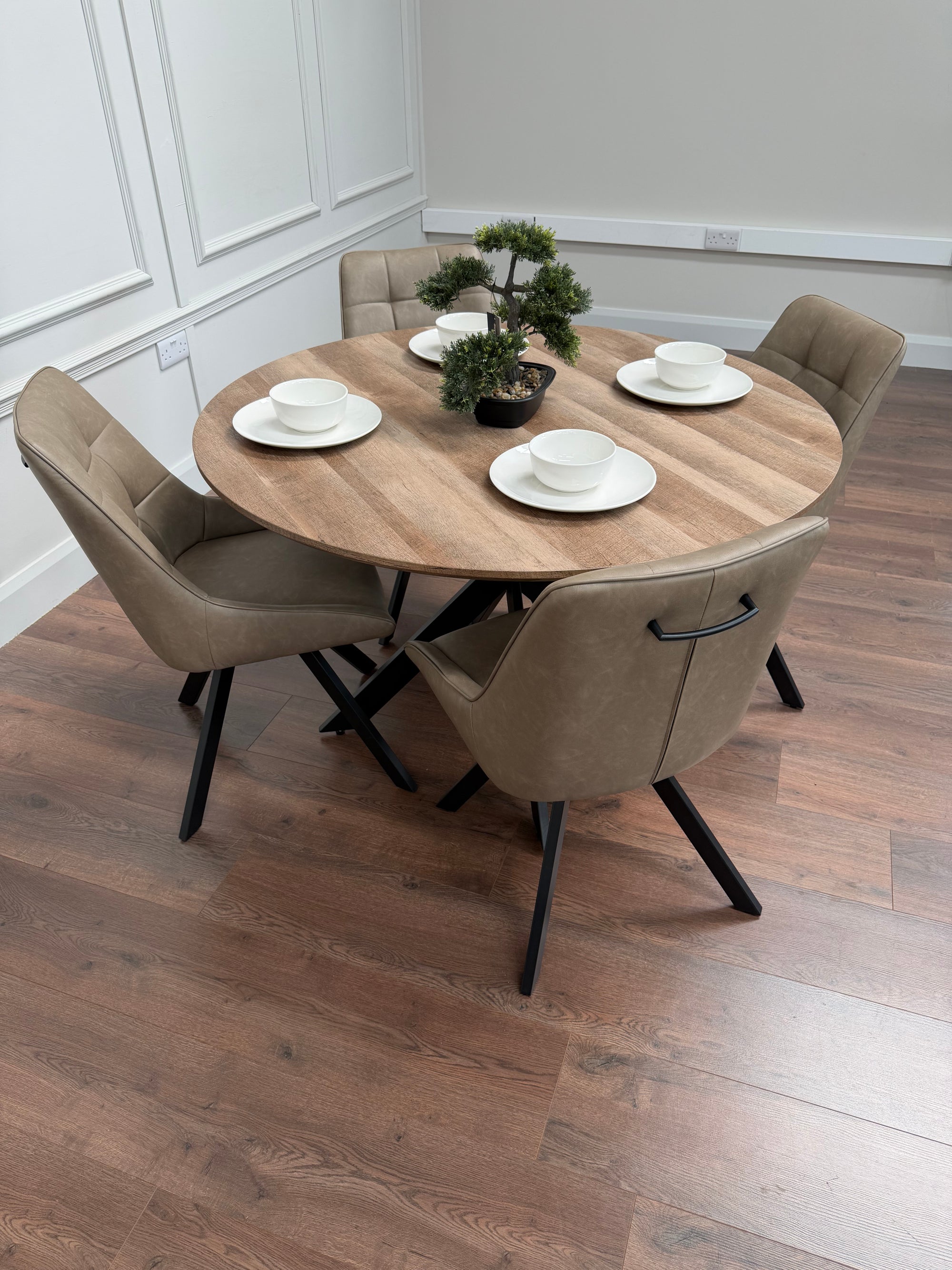 Epsom Rustic Oak 1.2m + 4 Pedro Dark Taupe PU Chairs