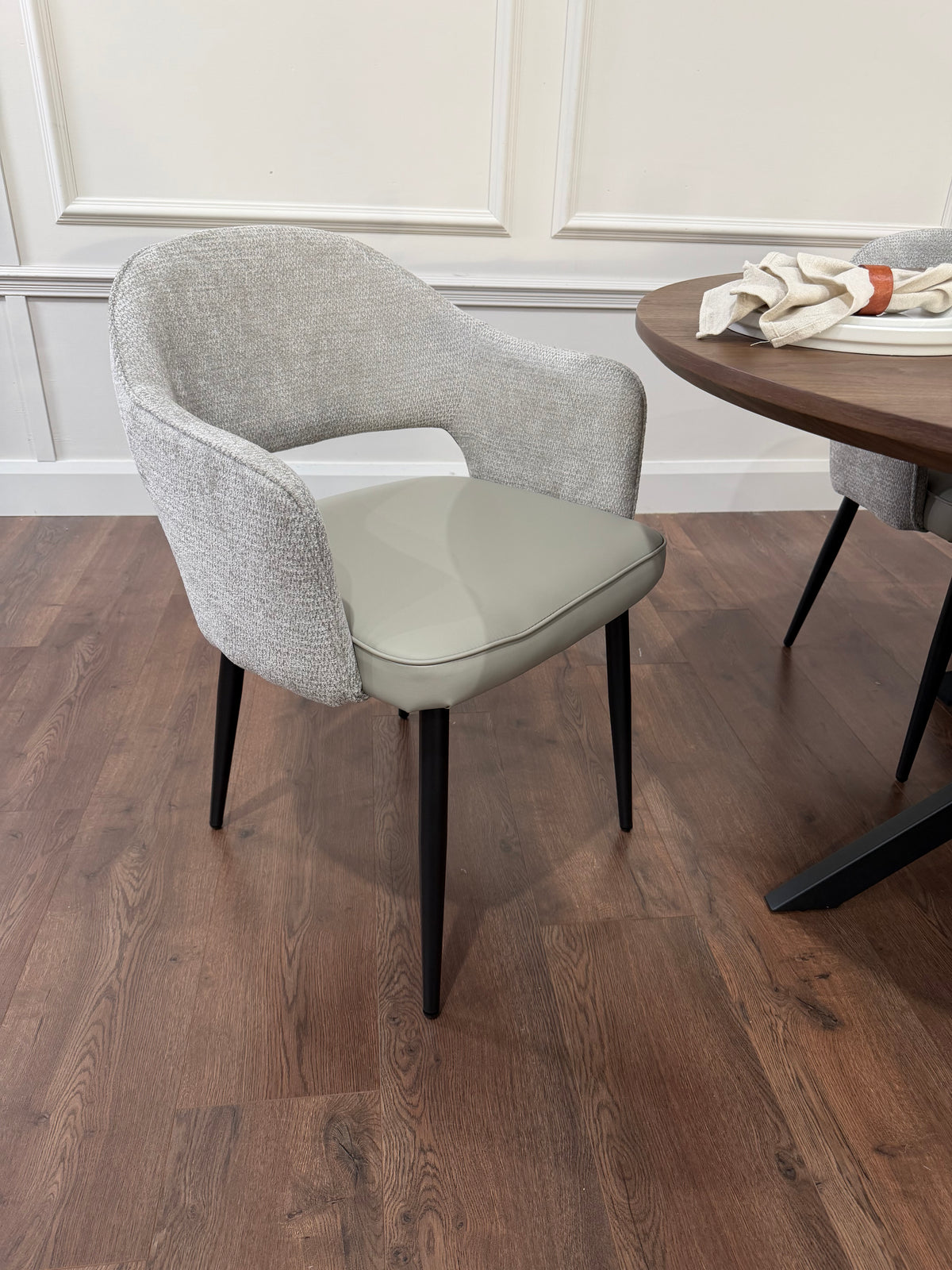 New York dark oak round extending dining table with 4 Maisie dove grey and stone grey chairs - photo 4