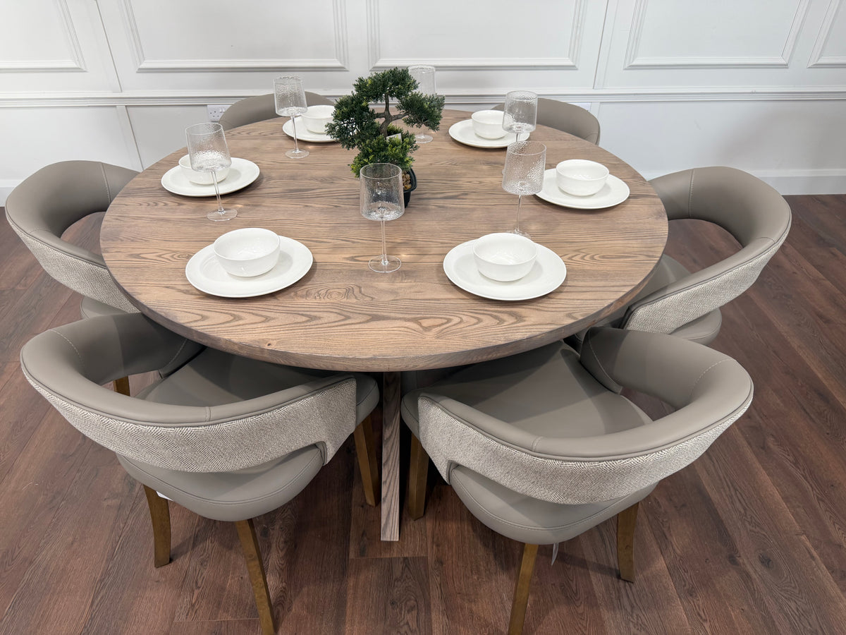 Ashley 1.5m Round Solid Oak Dining Set with 6 Willow Taupe Chairs