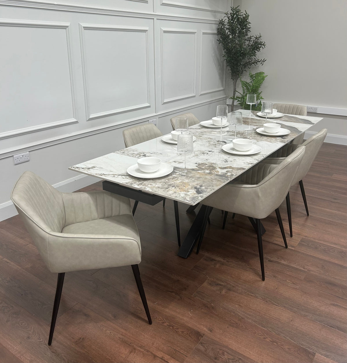 Sorrento Extending Sintered Stone Dining Set + 6 EZ Taupe Chairs