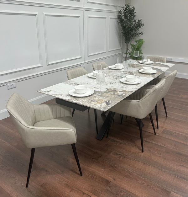 Sorrento Extending Sintered Stone Dining Set + 6 EZ Taupe Chairs