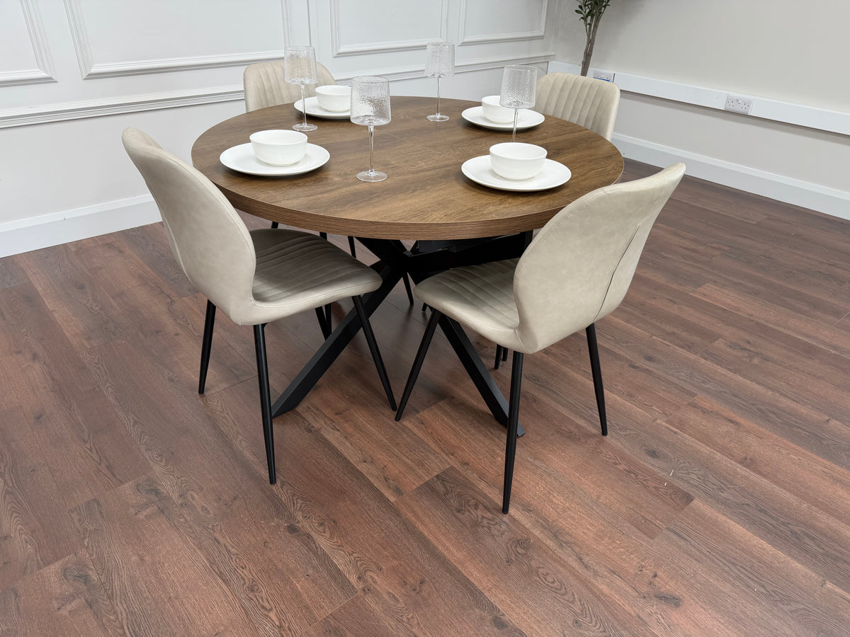 Pan 1.2m–1.6m Extending Dining Table with Lyra Taupe PU Chairs