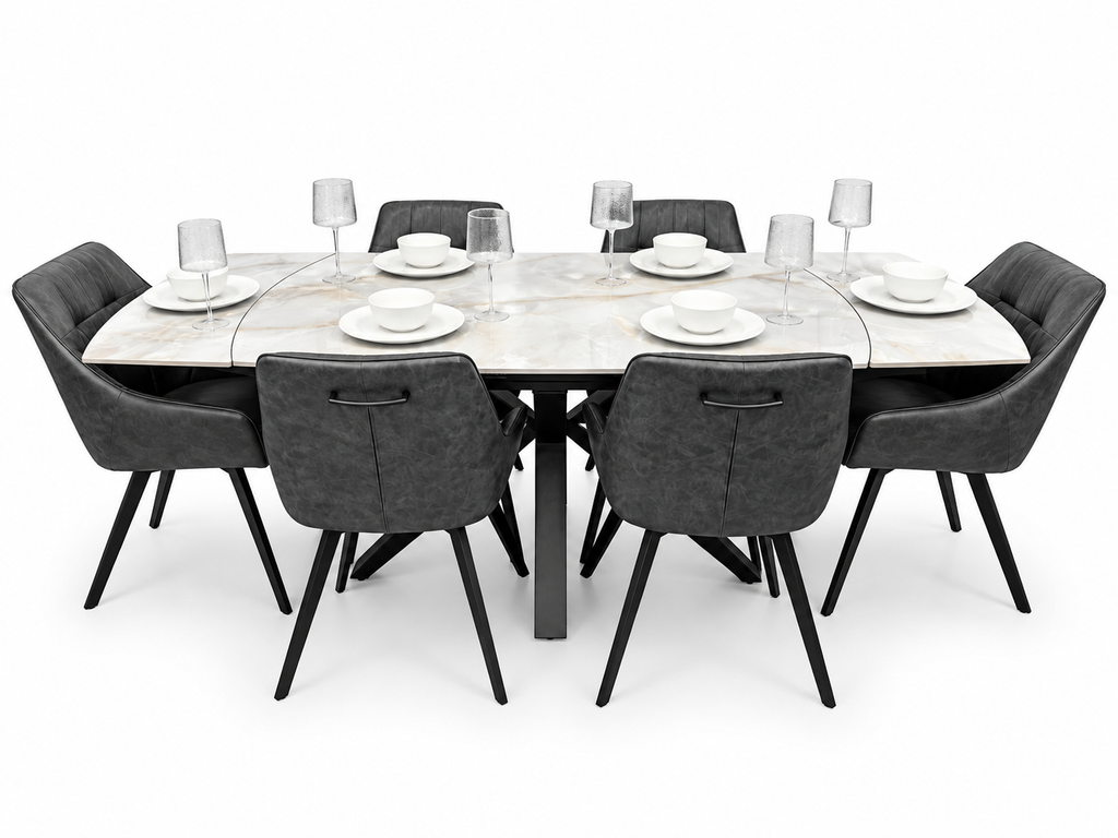 Positano Extending Sintered Stone Dining Set + 6 Pedro Charcoal PU Chairs