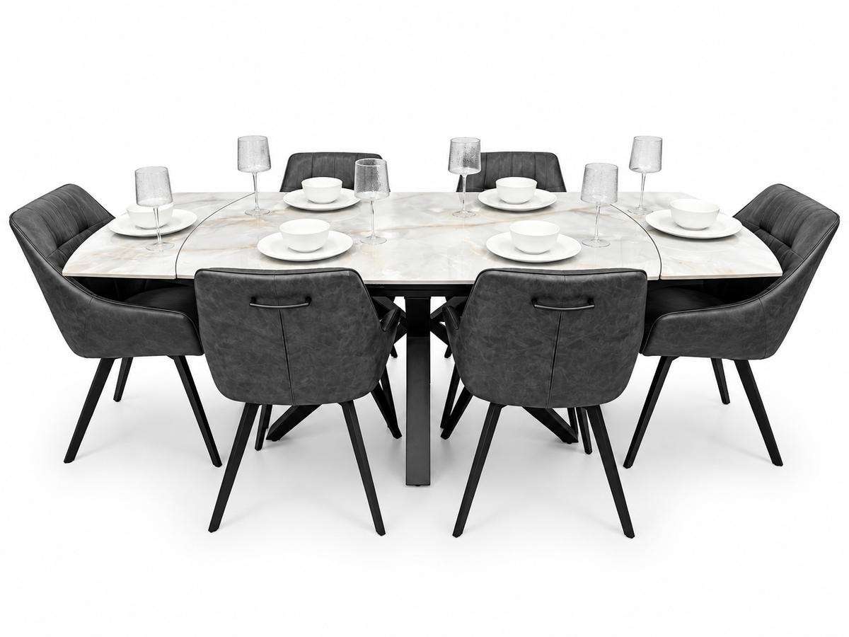 Positano Extending Sintered Stone Dining Set + 6 Pedro Charcoal PU Chairs