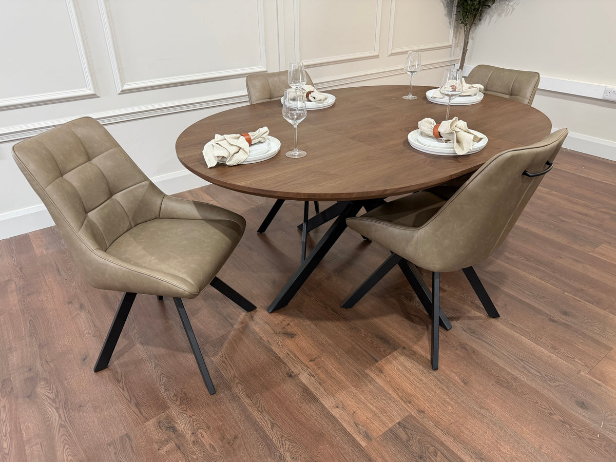 New York dark oak round extending dining table with 4 Pedro dark taupe PU chairs - photo 5