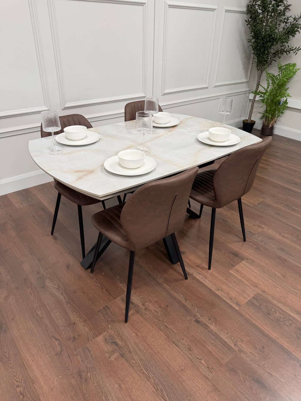 Positano Extending Sintered Stone Dining Table + 6 Lyra Brown PU Chairs