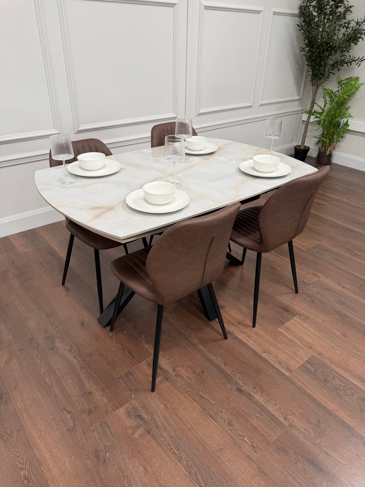 Positano Extending Sintered Stone Dining Table + 6 Lyra Brown PU Chairs