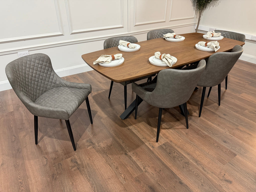 New York walnut extending dining table with 6 Diamond grey PU chairs - photo 2
