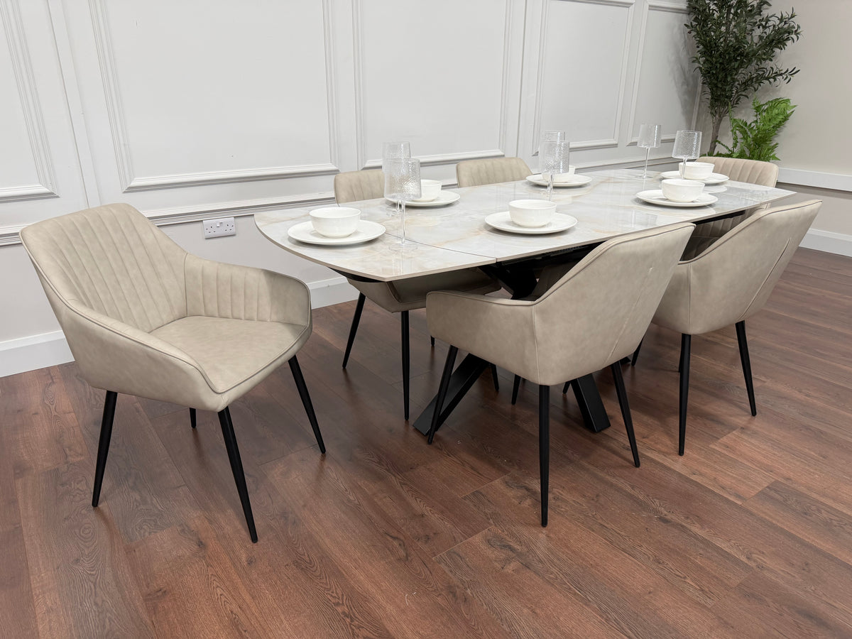 Positano Extending Sintered Stone Dining Set + 6 EZ Taupe PU Chairs