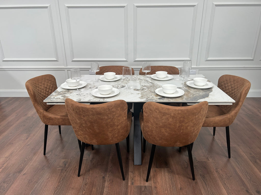 Sorrento Extending Sintered Stone Dining Set + 6 Diamond Tan Suede Chairs