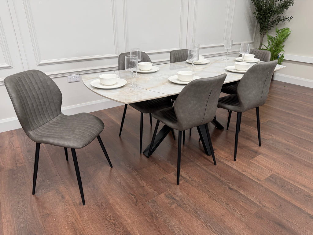 Positano Extending Sintered Stone Dining Set + 6 Lyra Grey PU Chairs