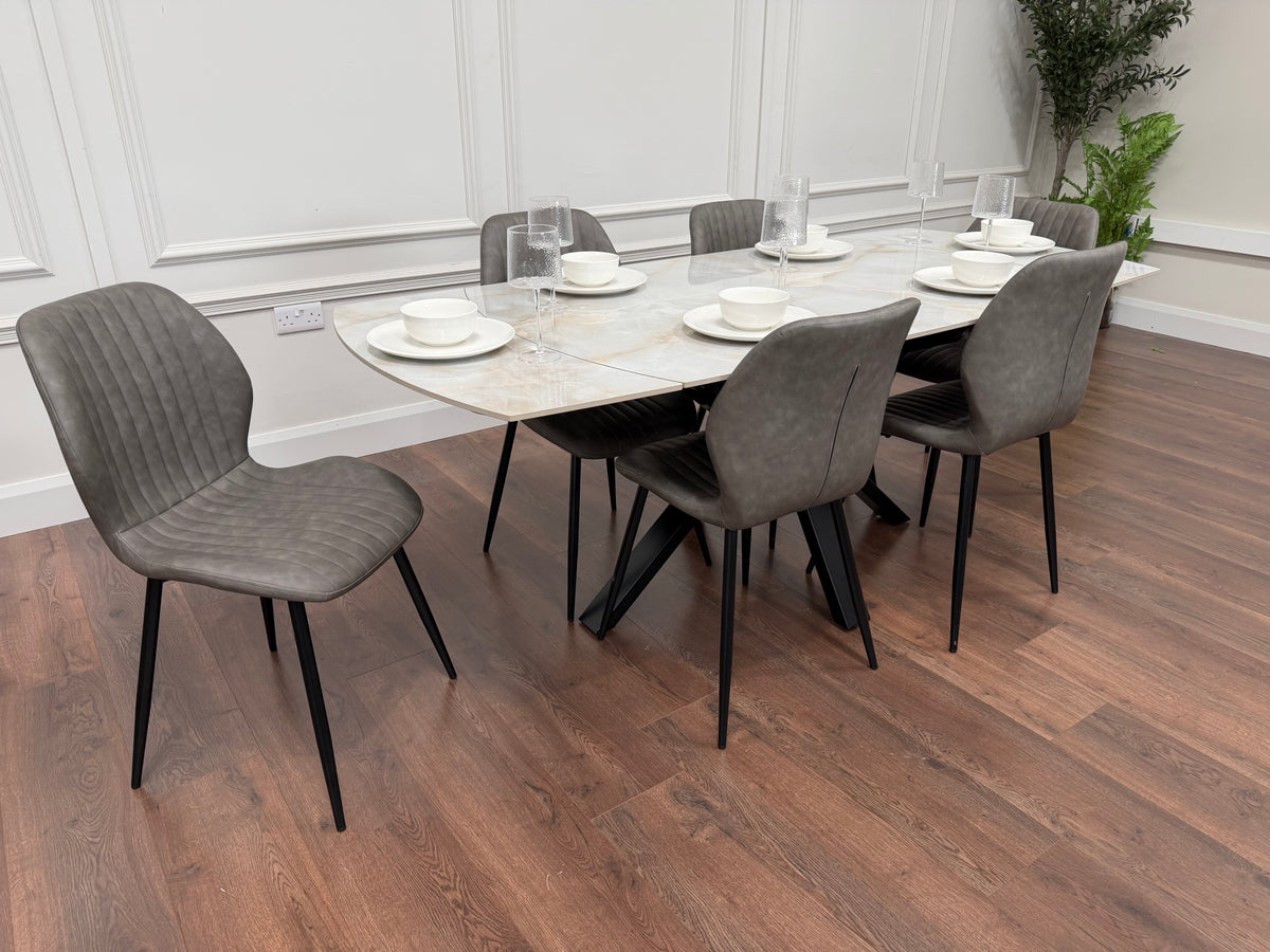 Positano Extending Sintered Stone Dining Set + 6 Lyra Grey PU Chairs