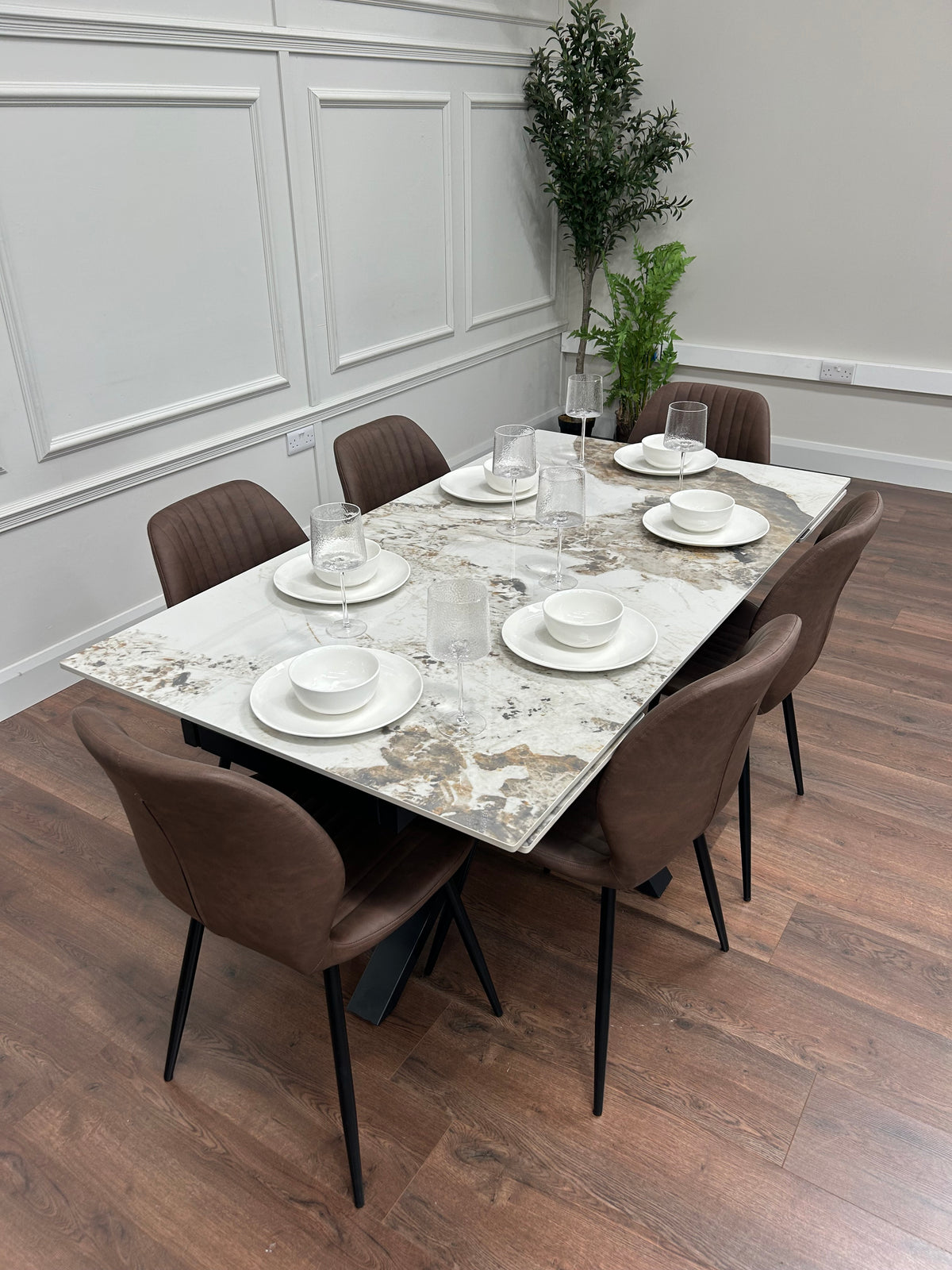 Sorrento Extending Sintered Stone Dining Set + 6 Lyra Brown Chairs