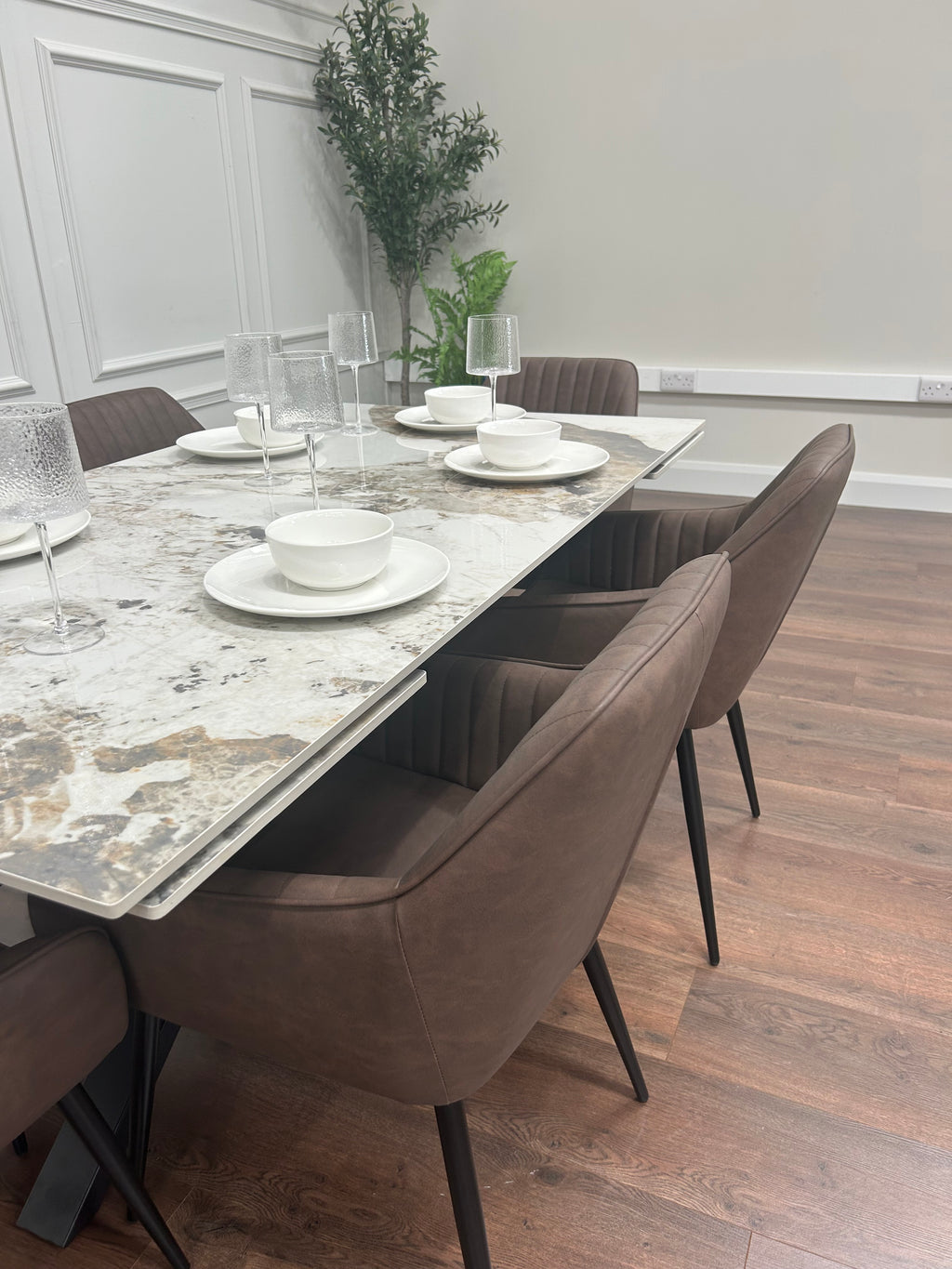 Sorrento Extending Sintered Stone Dining Set + 6 EZ Brown Chairs