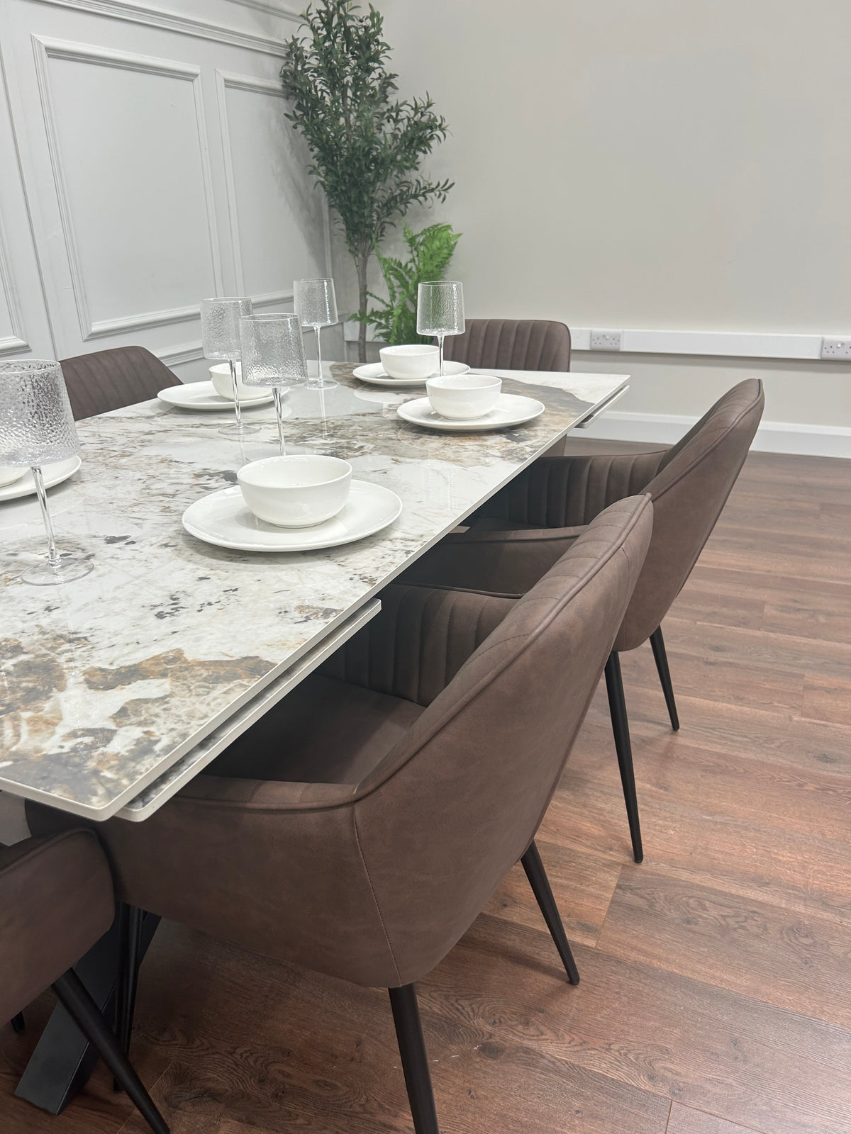 Sorrento Extending Sintered Stone Dining Set + 6 EZ Brown Chairs