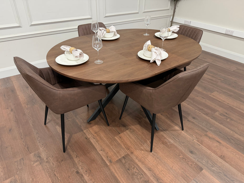 New York dark oak round extending dining table with 4 EZ brown PU chairs - photo 7