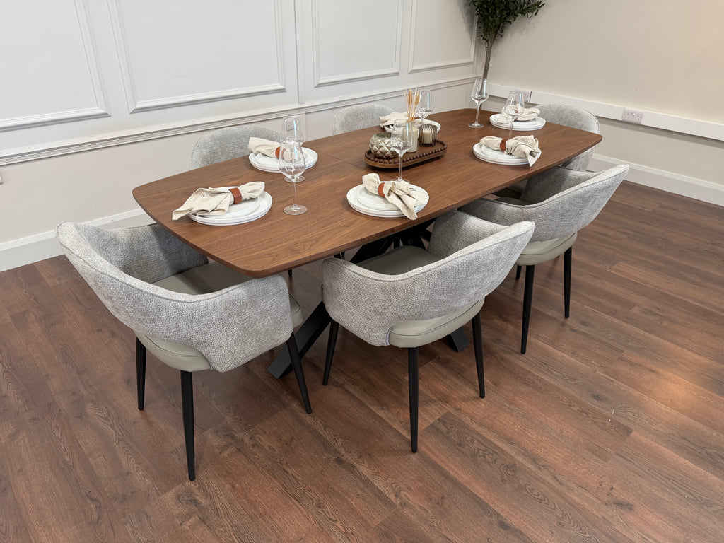 New York walnut extending dining table with 6 Maisie dove grey and stone grey chairs - photo 3