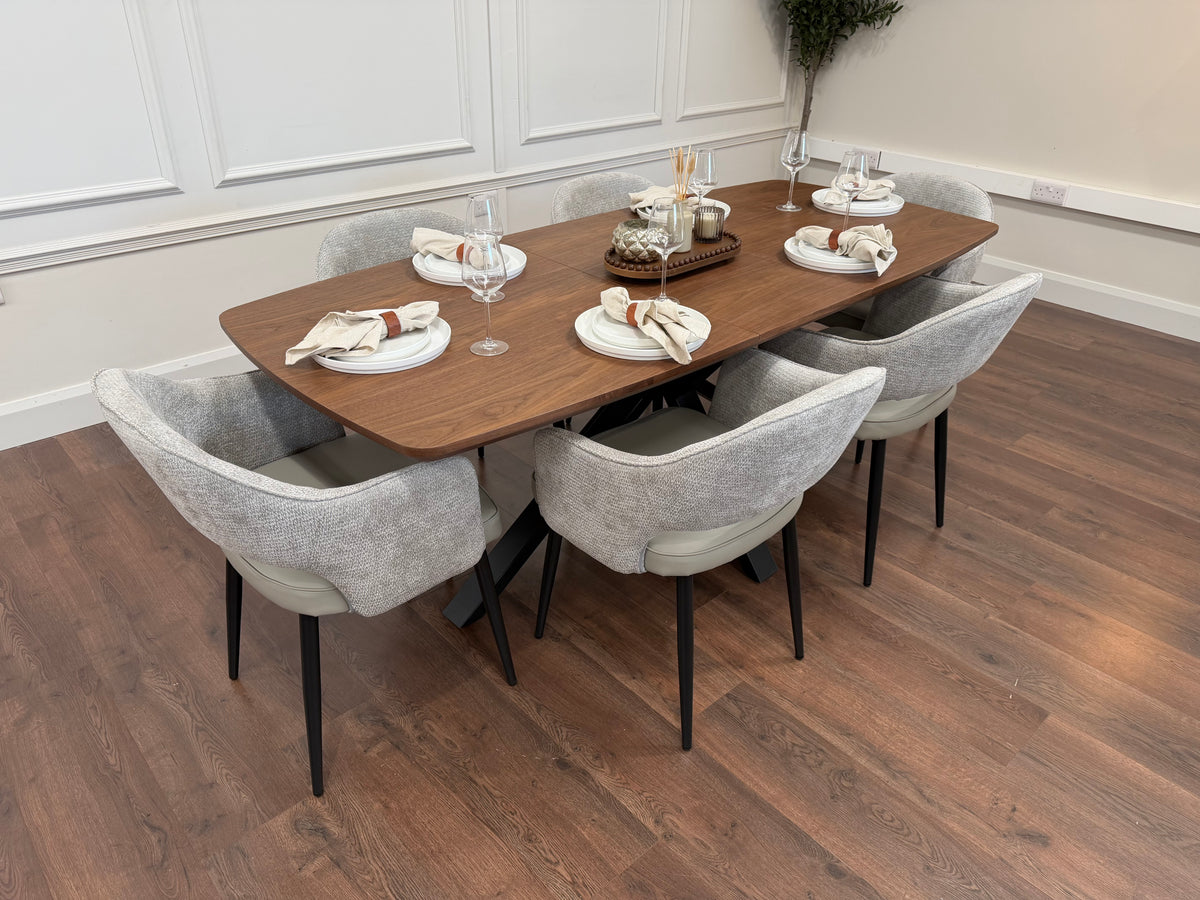 New York walnut extending dining table with 6 Maisie dove grey and stone grey chairs - photo 3