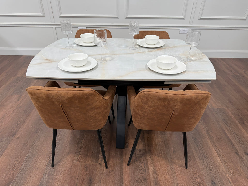 Positano Extending Sintered Stone Dining Set + 6 EZ Tan Suede Chairs