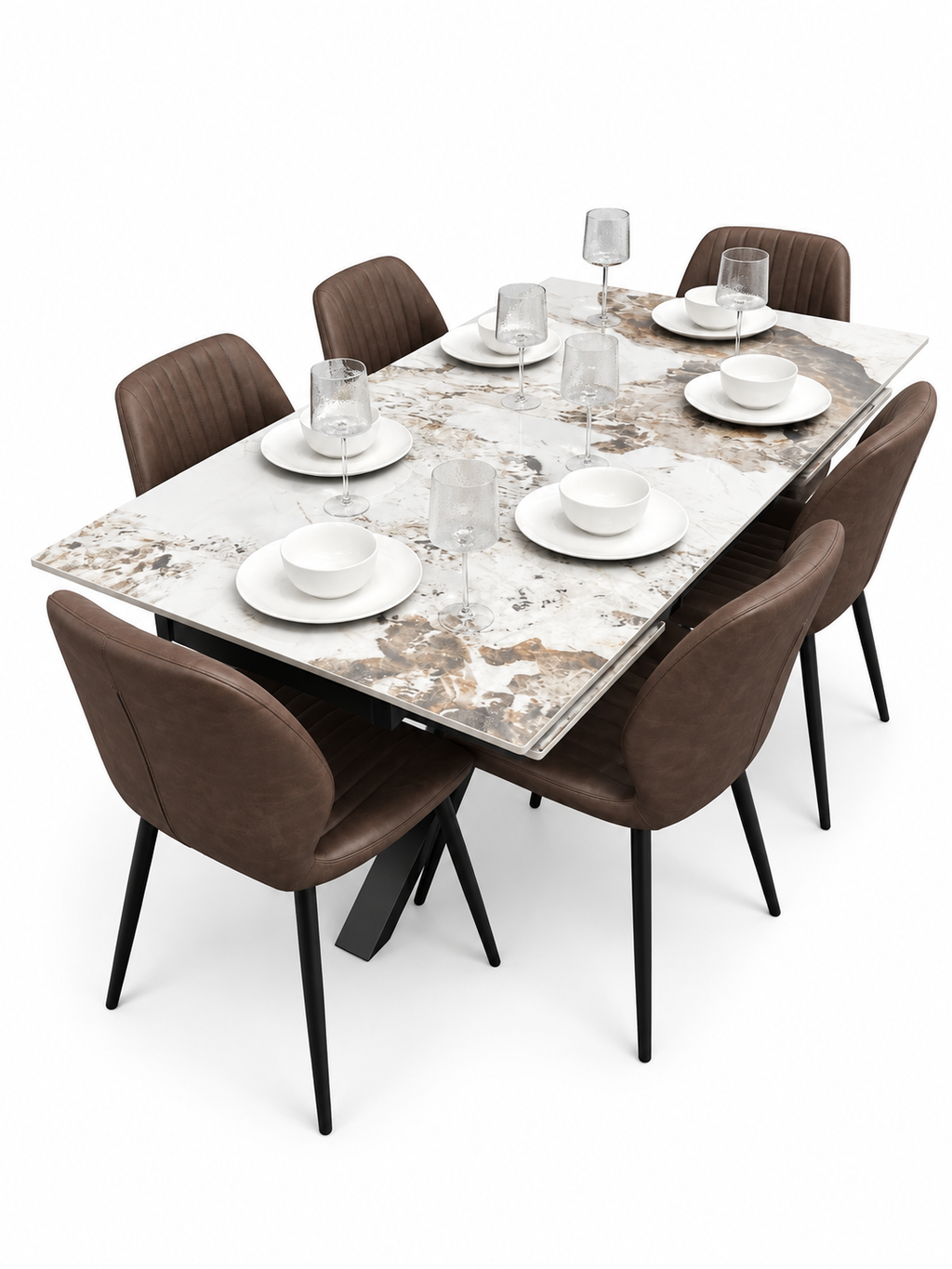 Sorrento Extending Sintered Stone Dining Set + 6 Lyra Brown Chairs