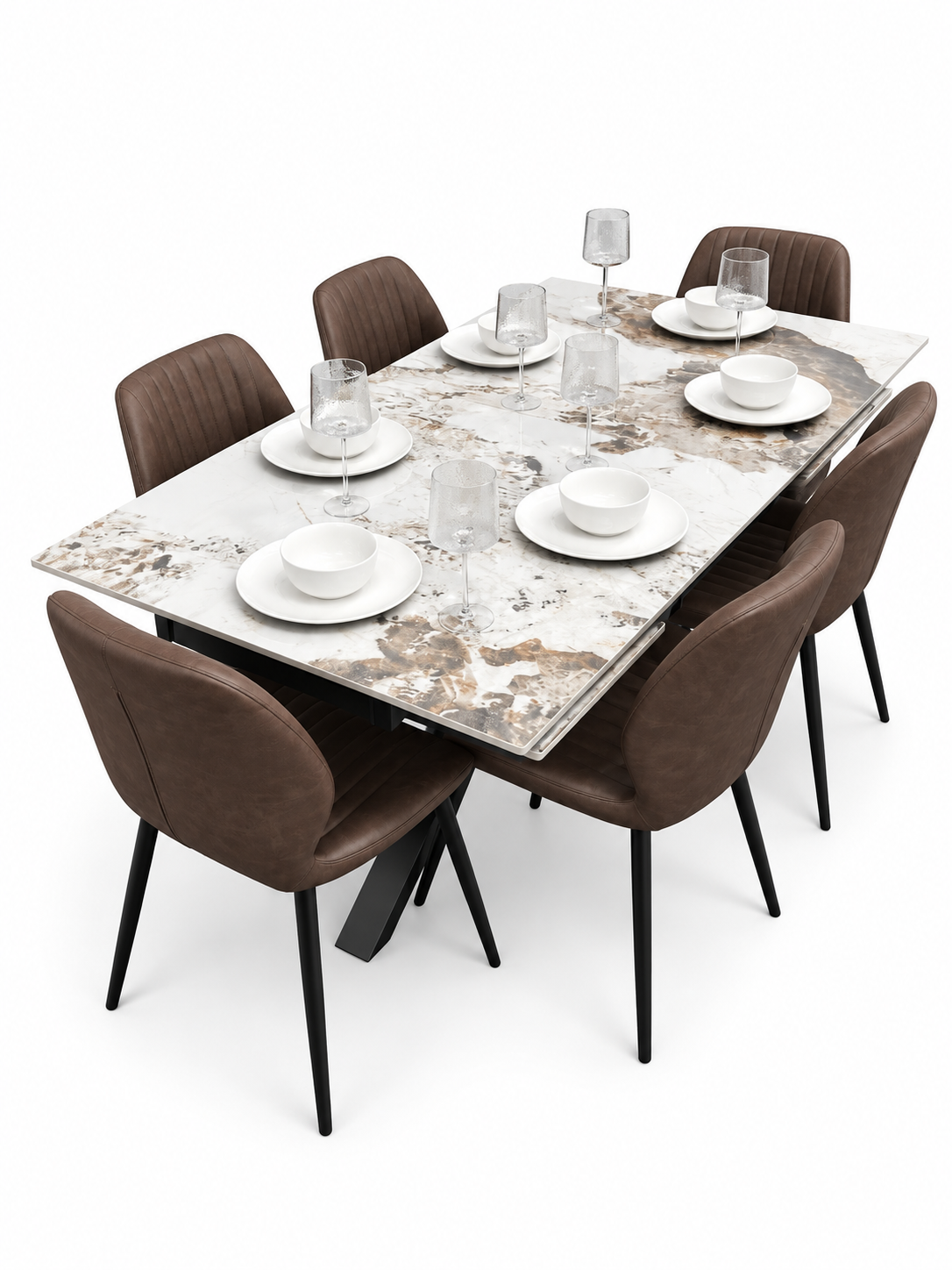 Sorrento Extending Sintered Stone Dining Set + 6 Lyra Brown Chairs