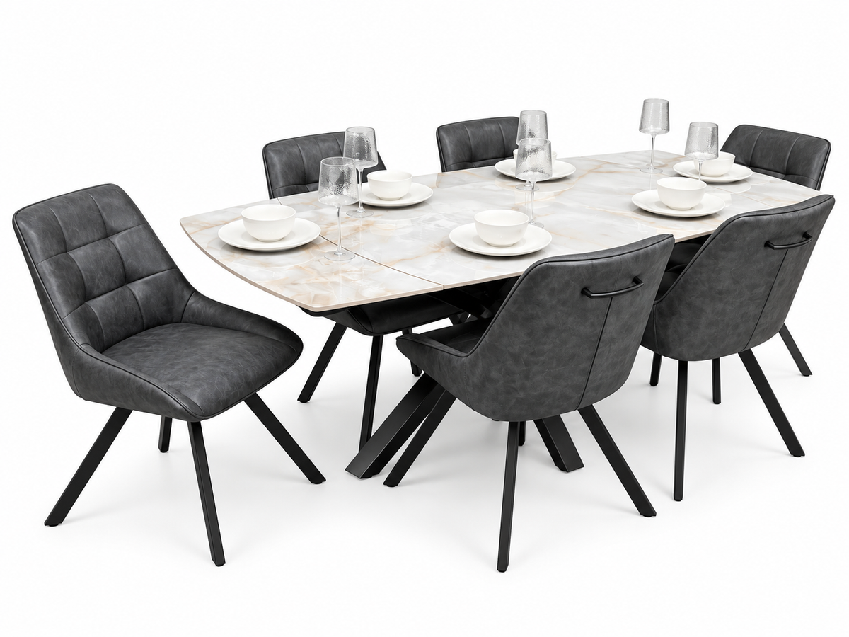 Positano Extending Sintered Stone Dining Set + 6 Pedro Charcoal PU Chairs