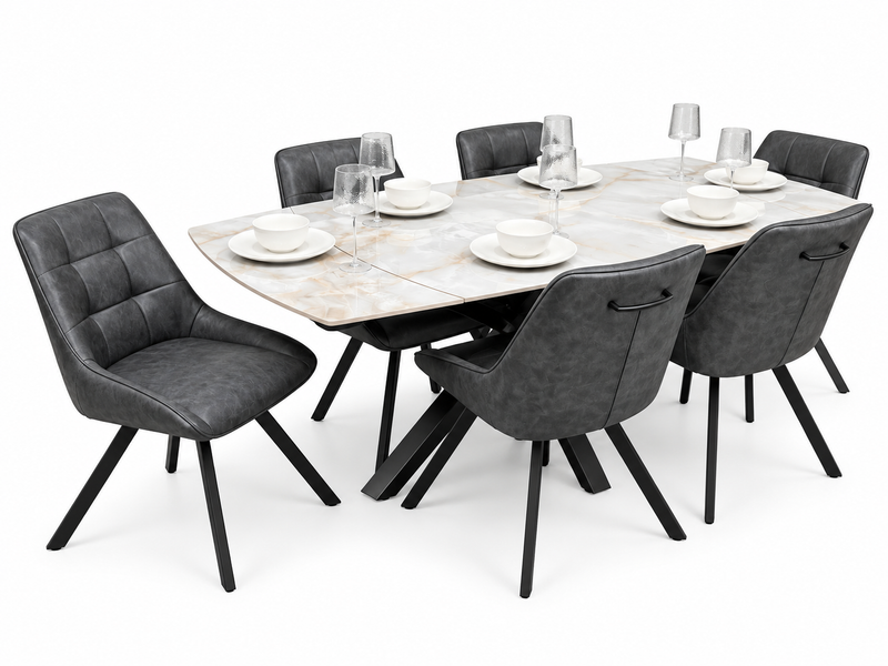 Positano Extending Sintered Stone Dining Set + 6 Pedro Charcoal PU Chairs