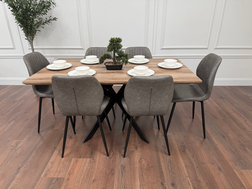 Epsom Rustic Oak 1.6m + 6 Lyra Chairs Grey PU